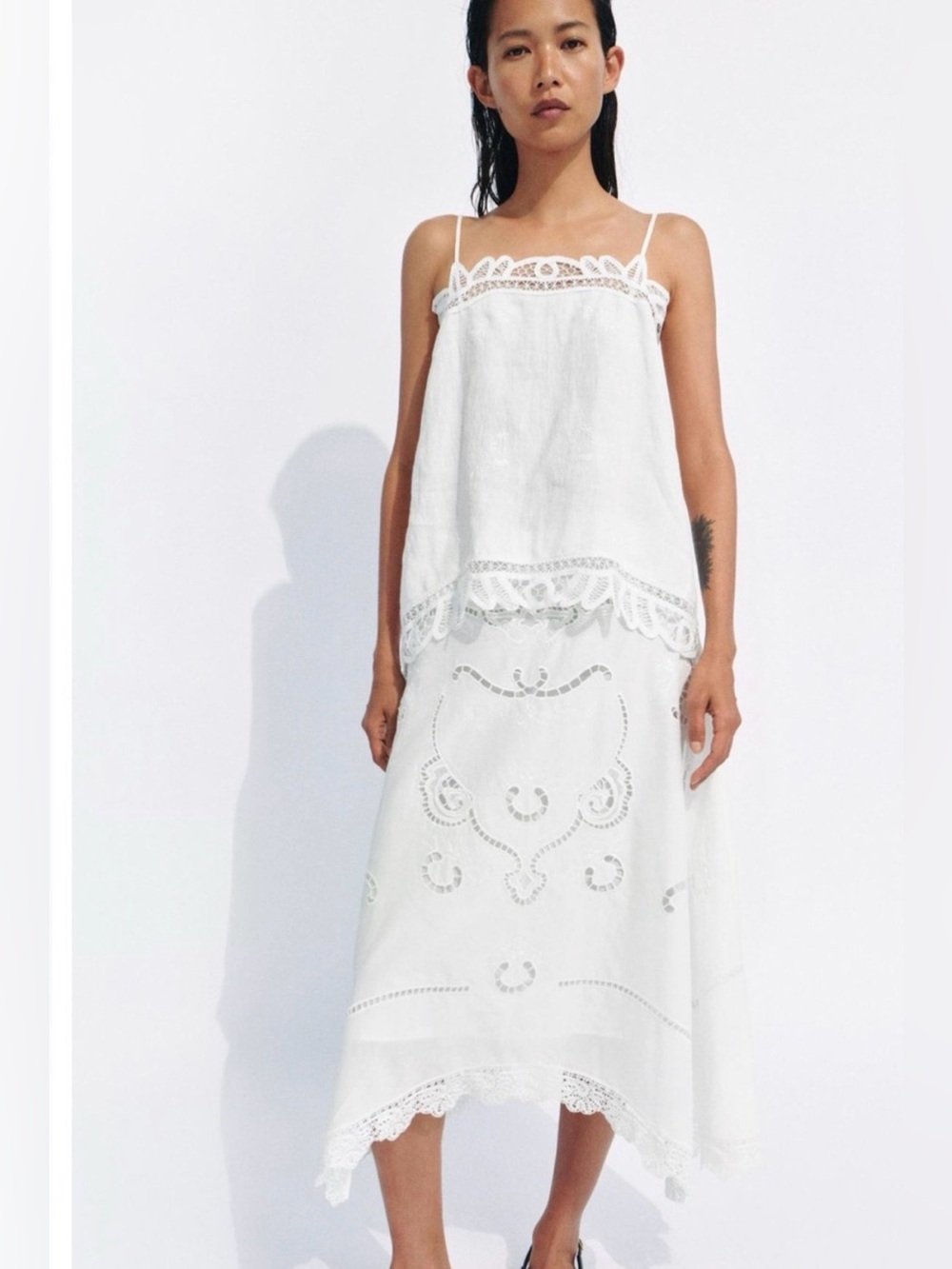 Zara White Lace-Trim Midi Skirt Set